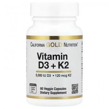 Вітаміни D3 5000 МО і K2 120 мкг у вигляді MK-7,California Gold Nutrition 60 капсул